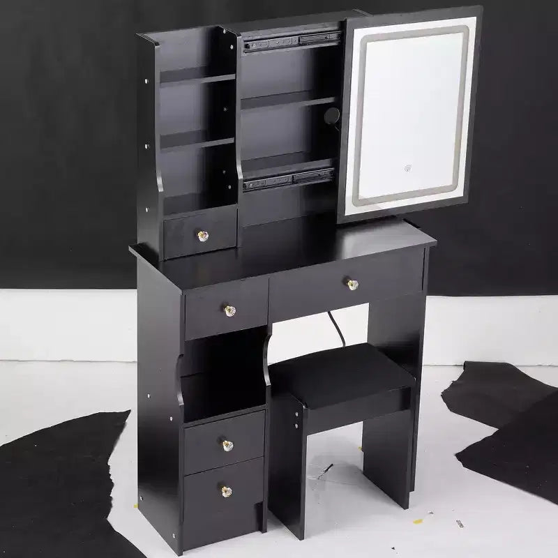 Toeletta Multicolore con Specchio a LED e Sgabello, 1 Posto