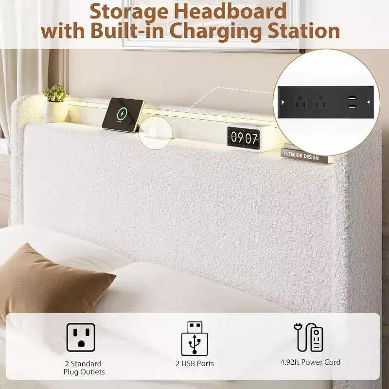 Struttura letto a piattaforma beige/bianca con 4 cassetti e testiera, una piazza e mezza / matrimoniale