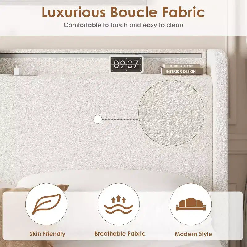 Struttura letto a piattaforma beige/bianca con 4 cassetti e testiera, una piazza e mezza / matrimoniale