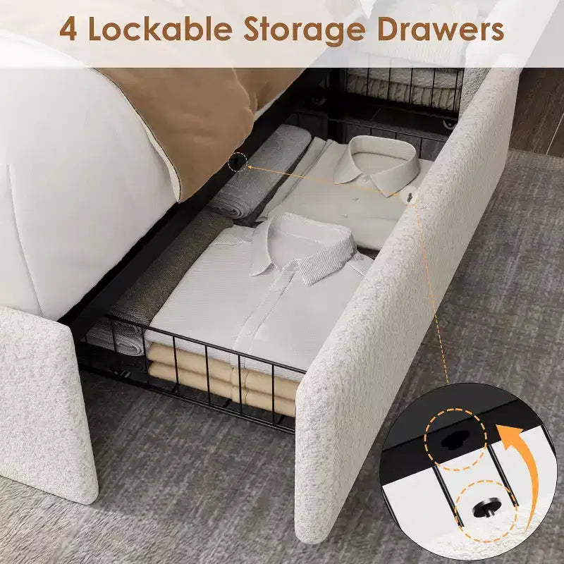 Struttura letto a piattaforma beige/bianca con 4 cassetti e testiera, una piazza e mezza / matrimoniale