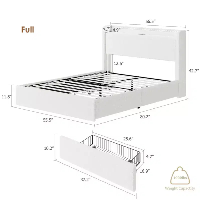 Struttura letto a piattaforma beige/bianca con 4 cassetti e testiera, una piazza e mezza / matrimoniale