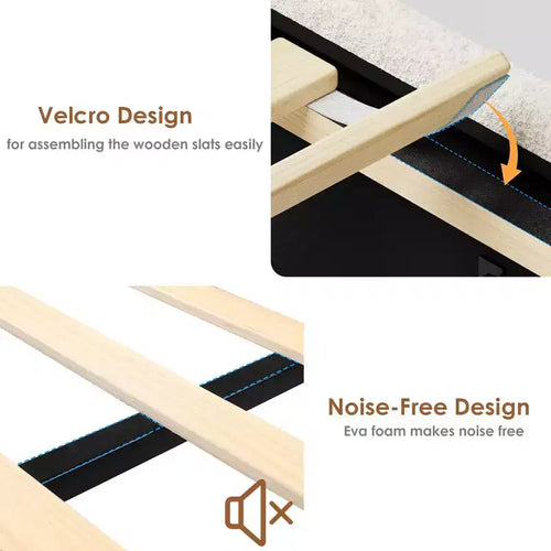 Struttura letto a piattaforma beige/bianca con 4 cassetti e testiera, una piazza e mezza / matrimoniale