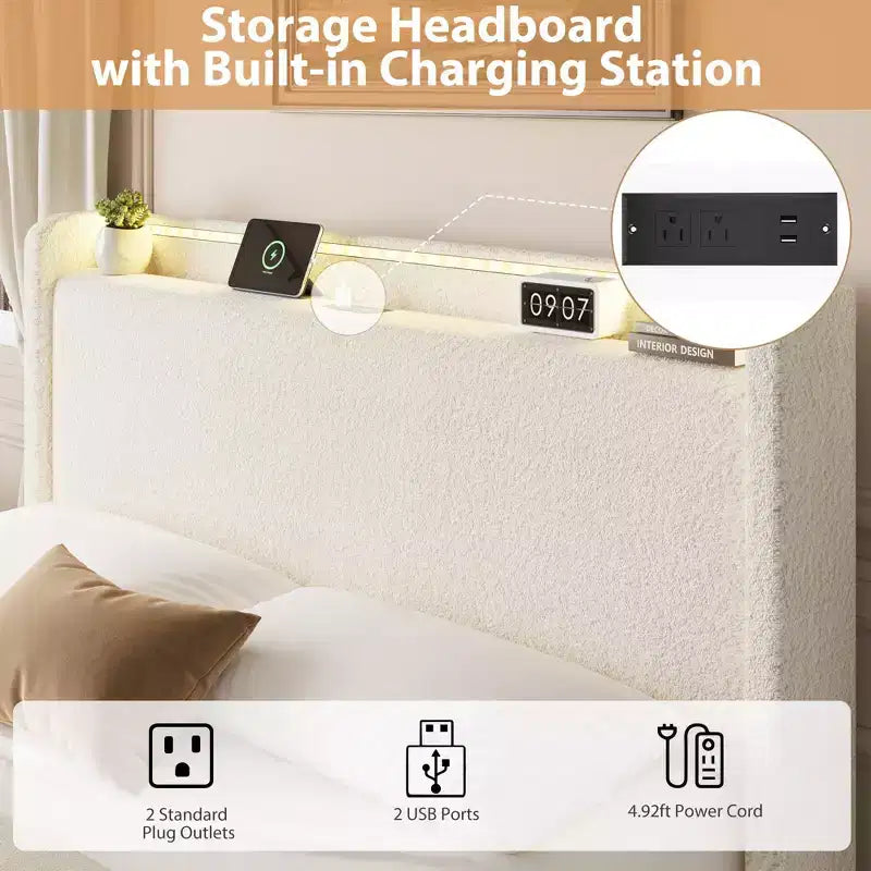 Struttura letto a piattaforma beige/bianca con 4 cassetti e testiera, una piazza e mezza / matrimoniale