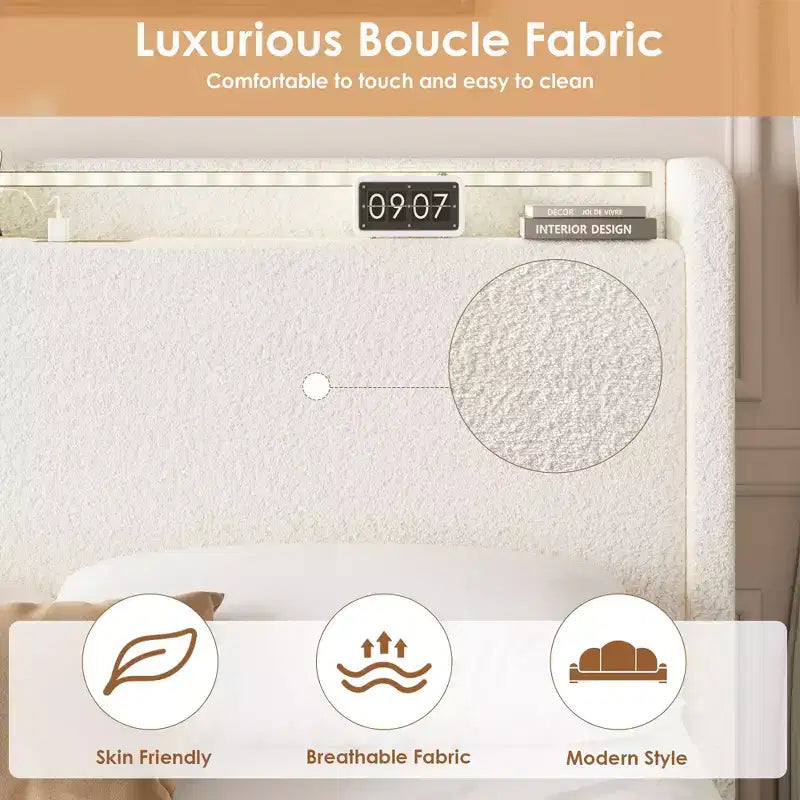 Struttura letto a piattaforma beige/bianca con 4 cassetti e testiera, una piazza e mezza / matrimoniale