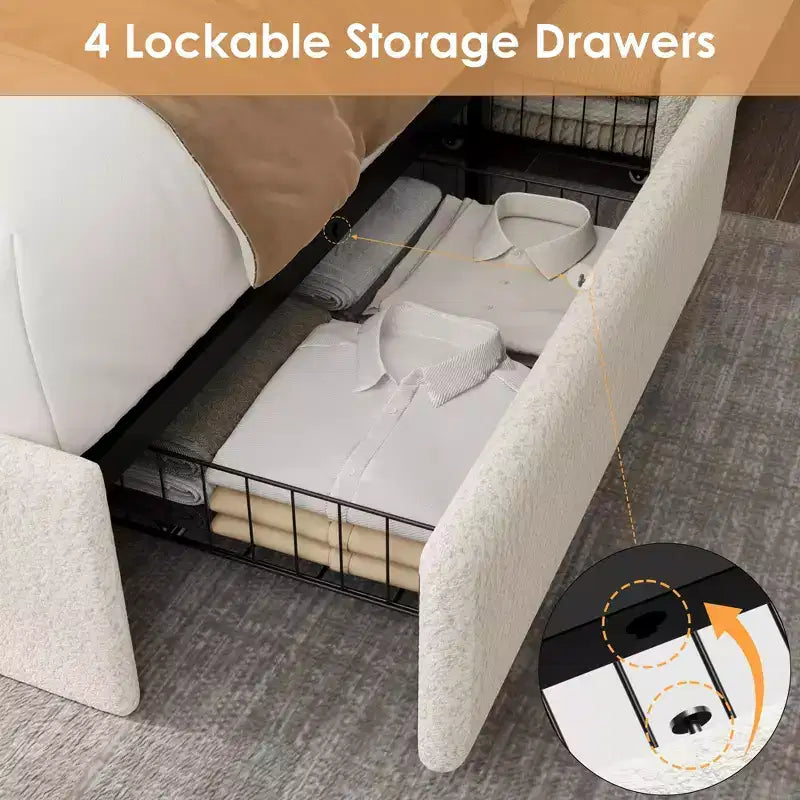 Struttura letto a piattaforma beige/bianca con 4 cassetti e testiera, una piazza e mezza / matrimoniale