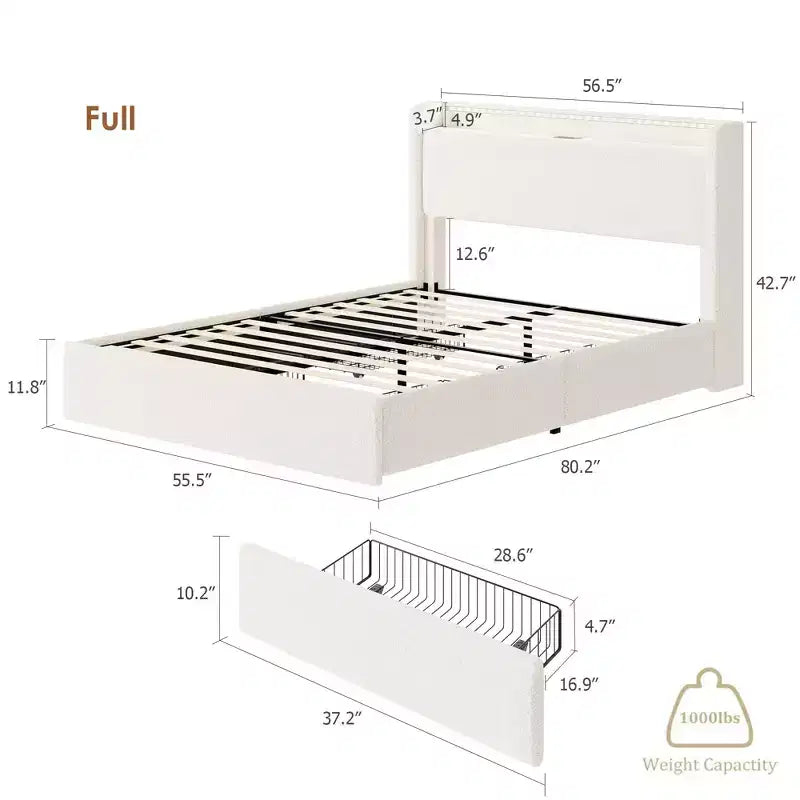 Struttura letto a piattaforma beige/bianca con 4 cassetti e testiera, una piazza e mezza / matrimoniale
