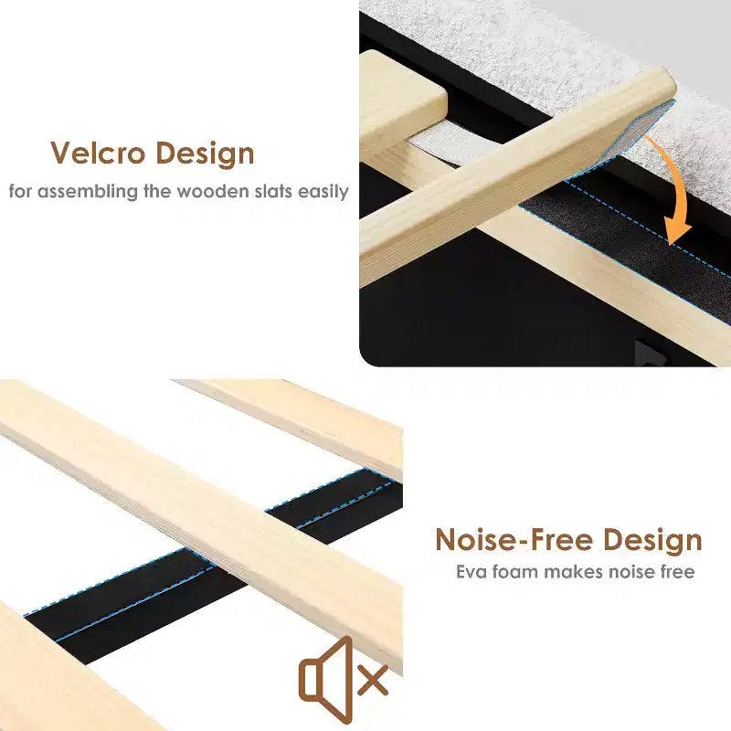 Struttura letto a piattaforma beige/bianca con 4 cassetti e testiera, una piazza e mezza / matrimoniale