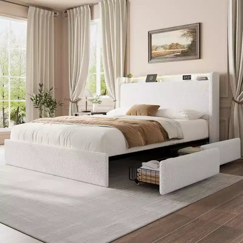 Struttura letto a piattaforma beige/bianca con 4 cassetti e testiera, una piazza e mezza / matrimoniale