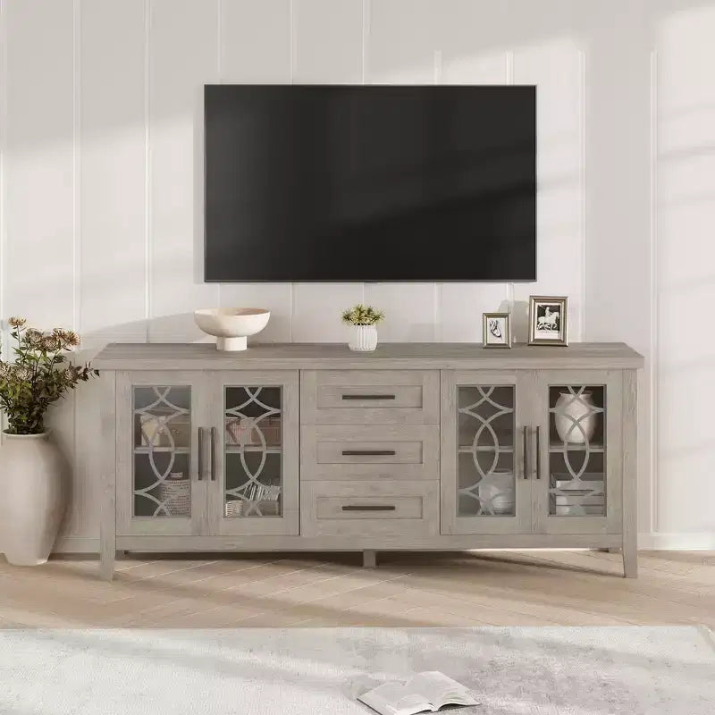 Mobile porta TV rustico (farmhouse) marrone/bianco e grigio per TV fino a 70" – 3 cassetti e 2 ante in vetro