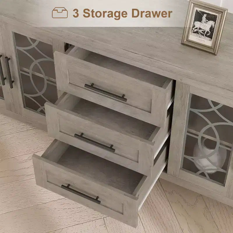 Mobile porta TV rustico (farmhouse) marrone/bianco e grigio per TV fino a 70" – 3 cassetti e 2 ante in vetro