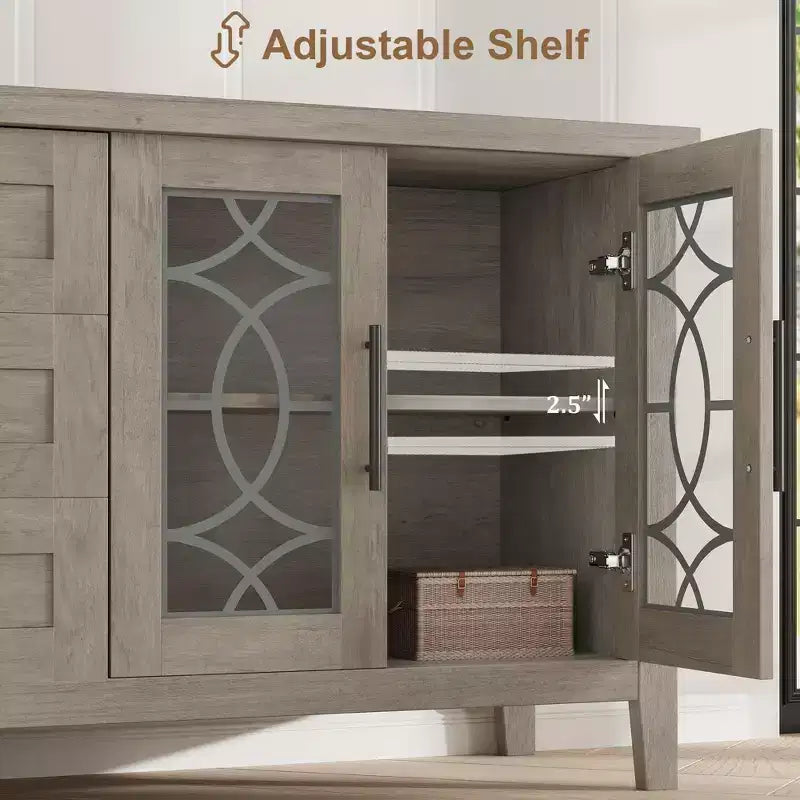 Mobile porta TV rustico (farmhouse) marrone/bianco e grigio per TV fino a 70" – 3 cassetti e 2 ante in vetro