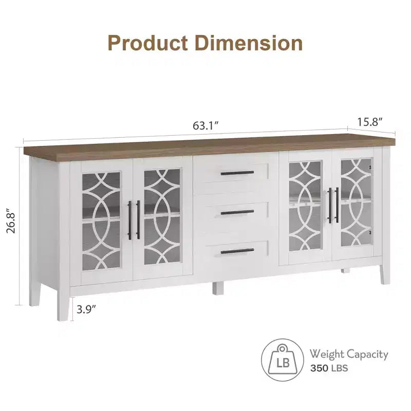 Mobile porta TV rustico (farmhouse) marrone/bianco e grigio per TV fino a 70" – 3 cassetti e 2 ante in vetro