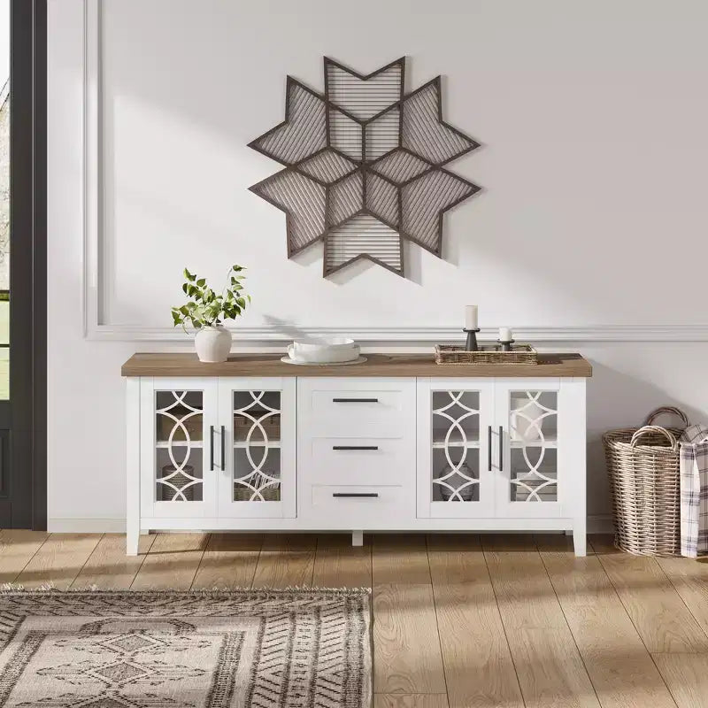 Mobile porta TV rustico (farmhouse) marrone/bianco e grigio per TV fino a 70" – 3 cassetti e 2 ante in vetro