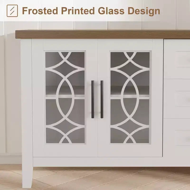 Mobile porta TV rustico (farmhouse) marrone/bianco e grigio per TV fino a 70" – 3 cassetti e 2 ante in vetro