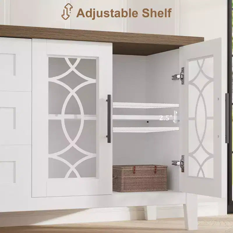 Mobile porta TV rustico (farmhouse) marrone/bianco e grigio per TV fino a 70" – 3 cassetti e 2 ante in vetro