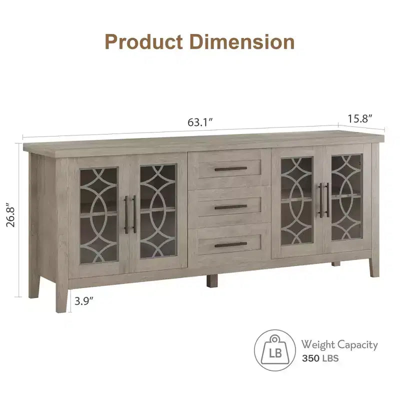 Mobile porta TV rustico (farmhouse) marrone/bianco e grigio per TV fino a 70" – 3 cassetti e 2 ante in vetro