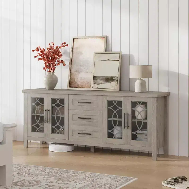 Mobile porta TV rustico (farmhouse) marrone/bianco e grigio per TV fino a 70" – 3 cassetti e 2 ante in vetro