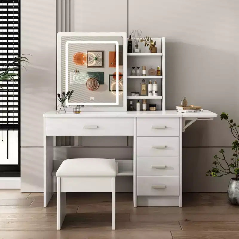 GDFStudio Raya Modern 43.3'' Mirror Vanity Desk with Lights, 1 Chair, 5 Drawers and Open Shelves