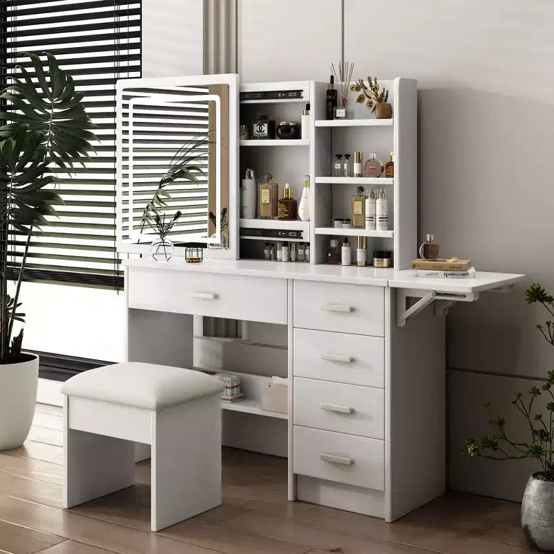 Scrivania da trucco moderna bianca con specchio, luci e sedia – 1 persona