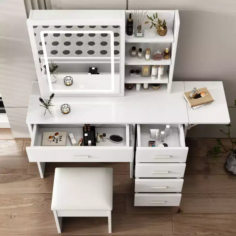 Scrivania da trucco moderna bianca con specchio, luci e sedia – 1 persona