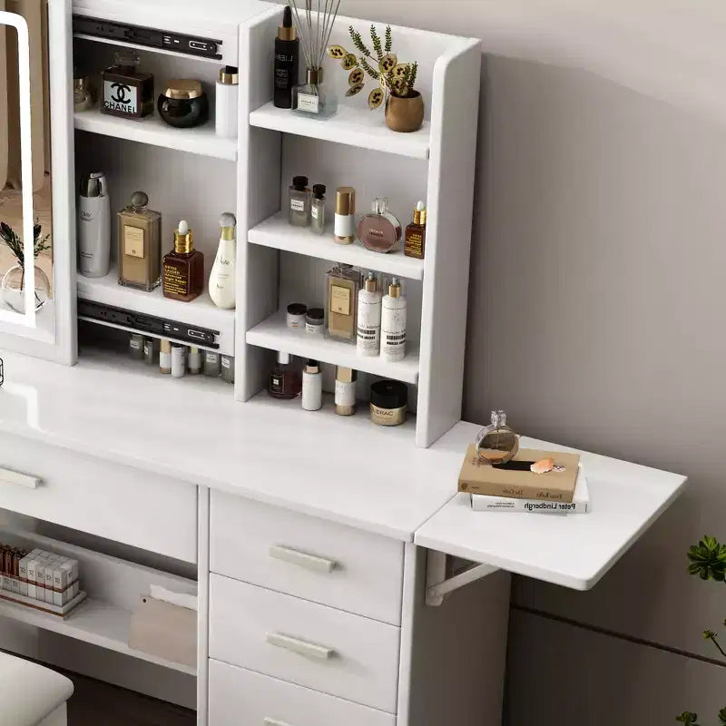 Scrivania da trucco moderna bianca con specchio, luci e sedia – 1 persona