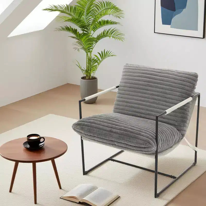 Poltrona di design senza braccioli 1 posto in velluto a coste e lino Beige/Nero/Grigio