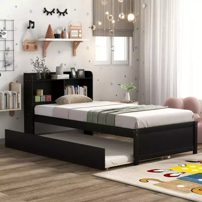 Letto a piattaforma matrimoniale marrone con testiera portaoggetti e letto estraibile, per 2 persone
