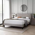 Royal Hampton Queen Size Bed, Geometric Stitched Light Brown Burlap Upholstery