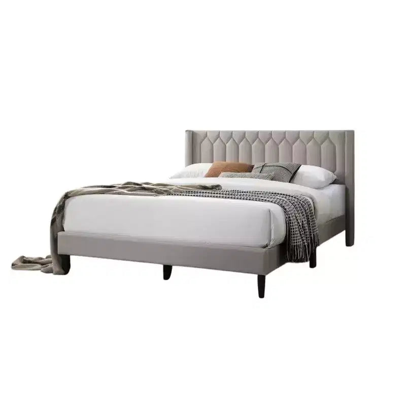 Letto Queen Size, Rivestimento in Tessuto Geometria Cucita in Tela di Iuta Marrone Chiaro, 1 Persona
