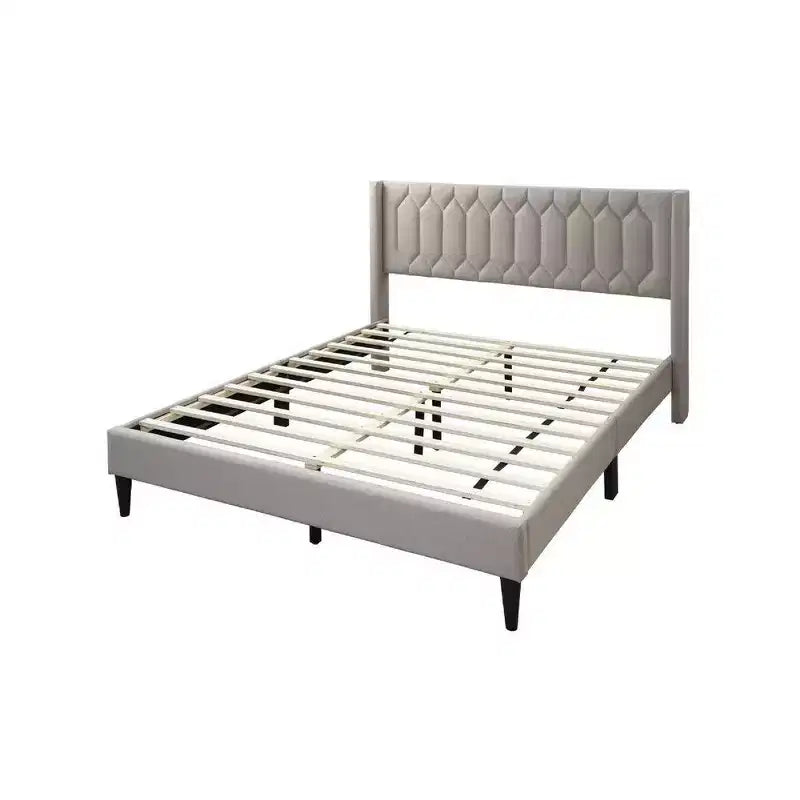 Letto Queen Size, Rivestimento in Tessuto Geometria Cucita in Tela di Iuta Marrone Chiaro, 1 Persona