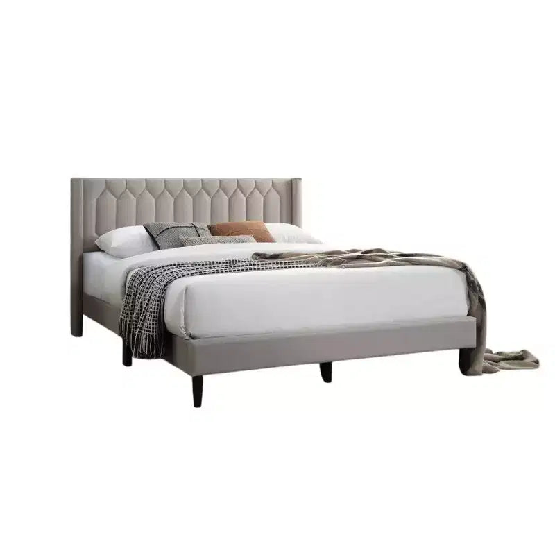 Letto Queen Size, Rivestimento in Tessuto Geometria Cucita in Tela di Iuta Marrone Chiaro, 1 Persona