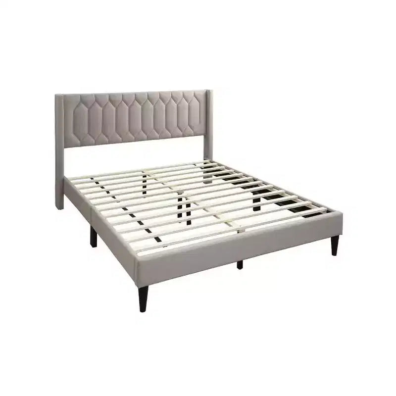 Letto Queen Size, Rivestimento in Tessuto Geometria Cucita in Tela di Iuta Marrone Chiaro, 1 Persona