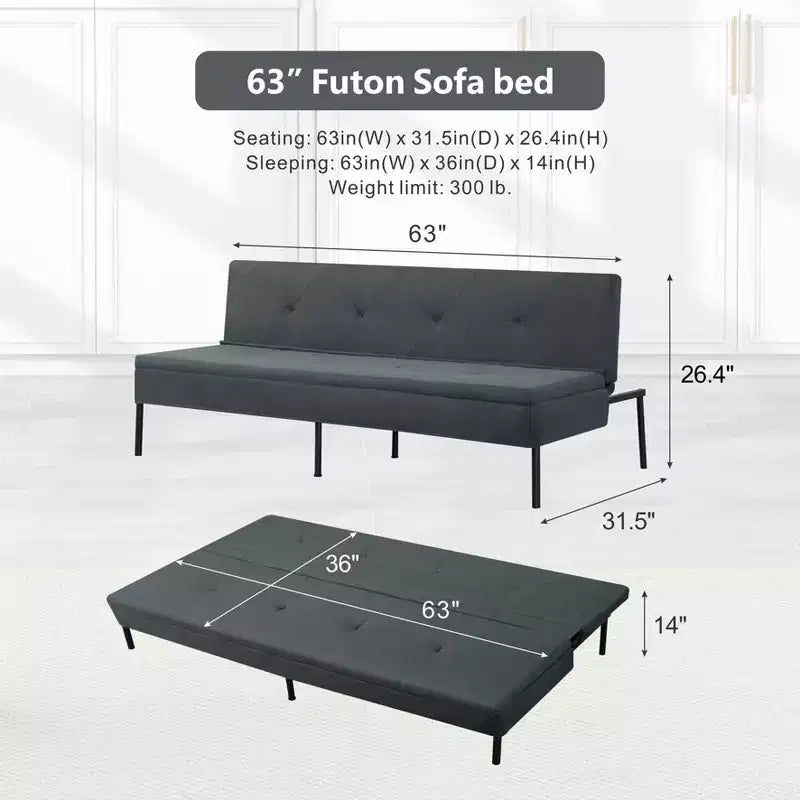 Divano Letto Futon Nero a 2 Posti con Schienale Regolabile in 5 Posizioni