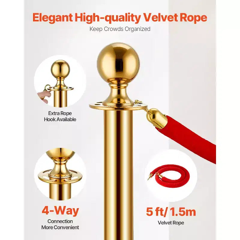 Set di paletti dorati con corde in velluto rosso, 4 montanti, base cava