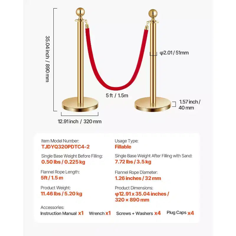 Set di paletti dorati con corde in velluto rosso, 4 montanti, base cava