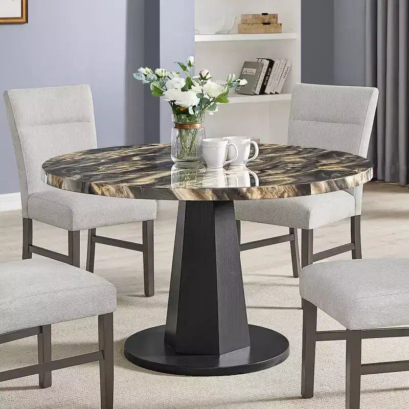 Tavolo da pranzo rotondo nero e oro / bianco sporco, 4 posti, base a piedistallo