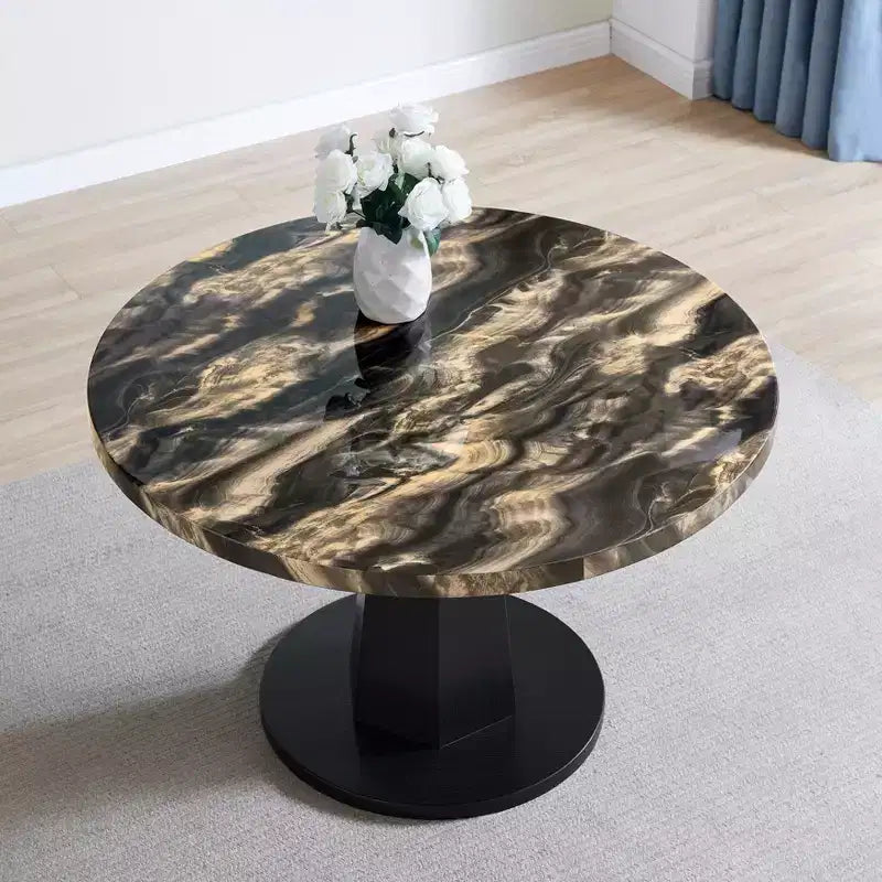 Tavolo da pranzo rotondo nero e oro / bianco sporco, 4 posti, base a piedistallo