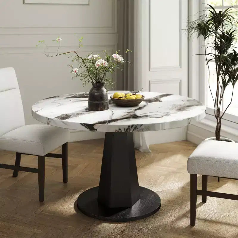Tavolo da pranzo rotondo nero e oro / bianco sporco, 4 posti, base a piedistallo