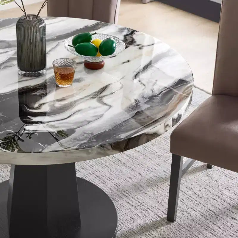 Tavolo da pranzo rotondo nero e oro / bianco sporco, 4 posti, base a piedistallo