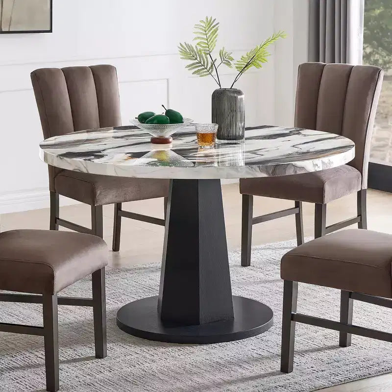 Tavolo da pranzo rotondo nero e oro / bianco sporco, 4 posti, base a piedistallo