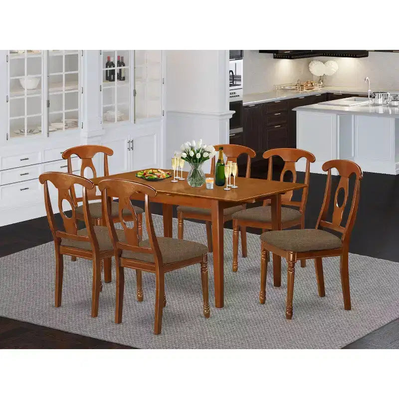 Set da pranzo in legno marrone e similpelle, tavolo rettangolare, 6 posti, 7 pezzi