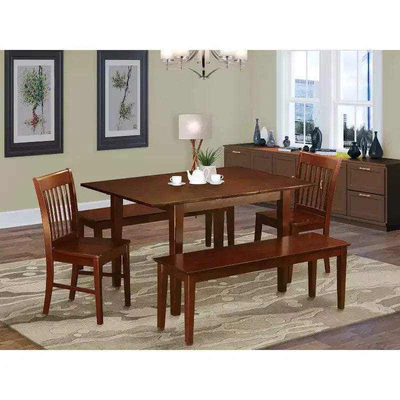 Set da pranzo rotondo in legno naturale, panca in similpelle, 4 posti, 5 pezzi