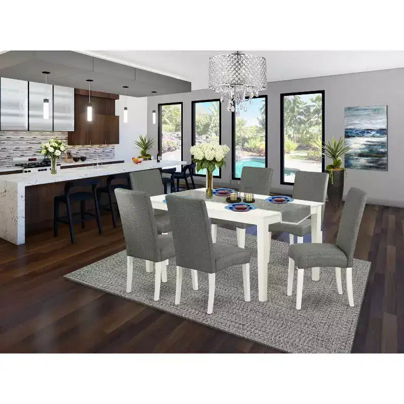 Set da pranzo in legno rettangolare bianco, 7 pezzi, 6 posti