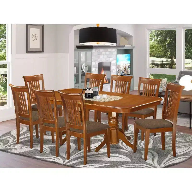 Set da pranzo rotondo a 8 posti in legno marrone e similpelle, 9 pezzi