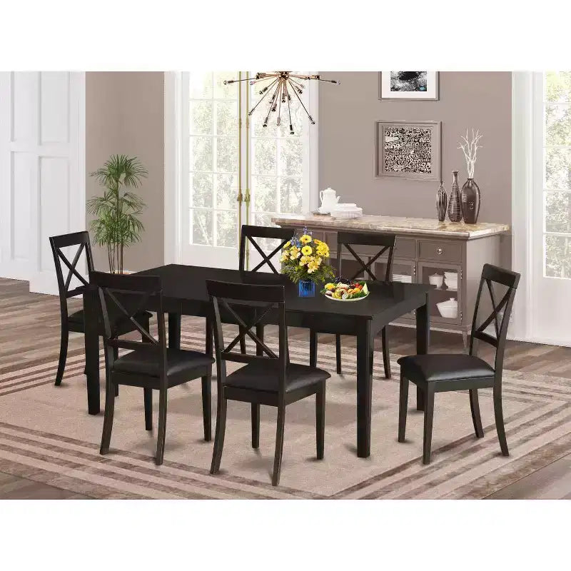 Set da pranzo rettangolare allungabile 7 pezzi in legno marrone con sedie in similpelle, 6 posti a sedere