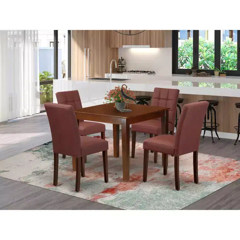 Set da pranzo quadrato in mogano, 4 posti, 5 pezzi