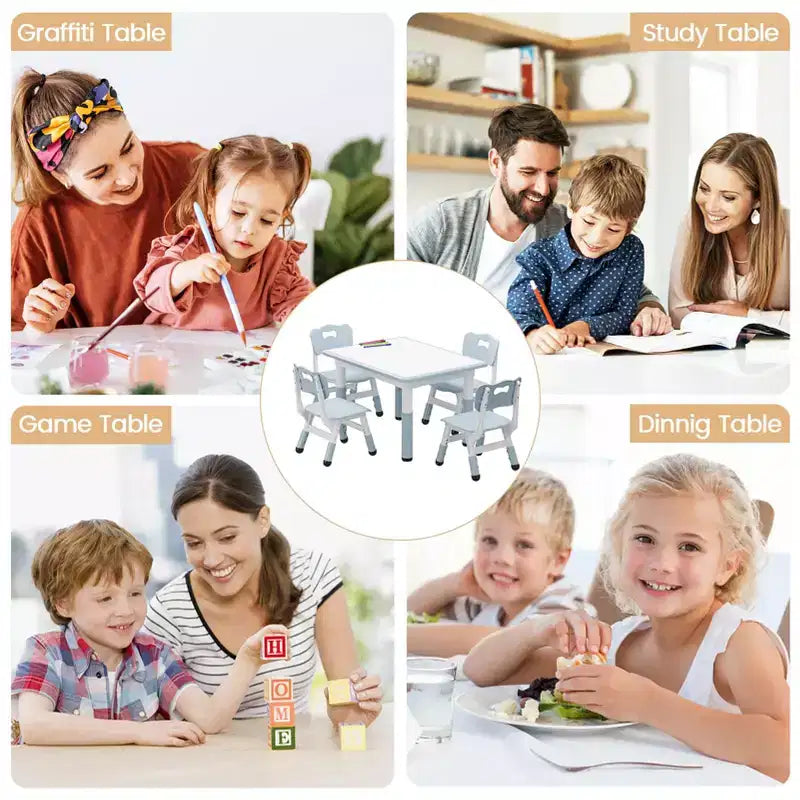 Set tavolo attività per bambini marrone/grigio con 4 sedie, altezza regolabile, età 2-10 anni