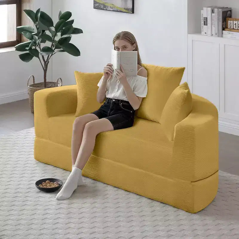 Beige / Nero / Grigio / Verde / Arancione / Giallo – Divano letto convertibile in velluto a coste con cuscini, 2 posti