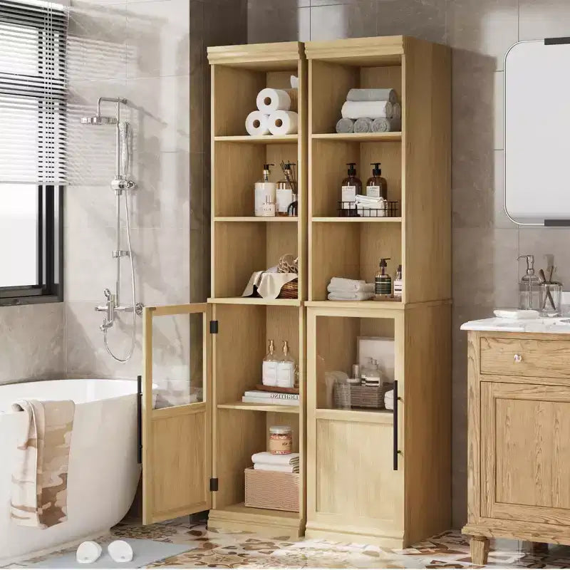 Credenza alta da fattoria con ante in vetro, singolo, colore bianco/legno