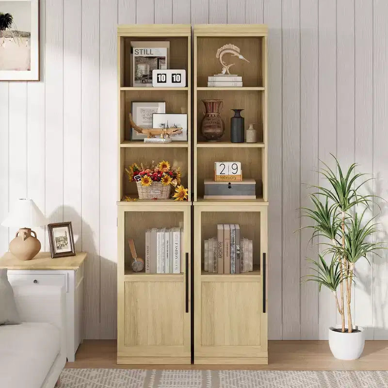 Credenza alta da fattoria con ante in vetro, singolo, colore bianco/legno